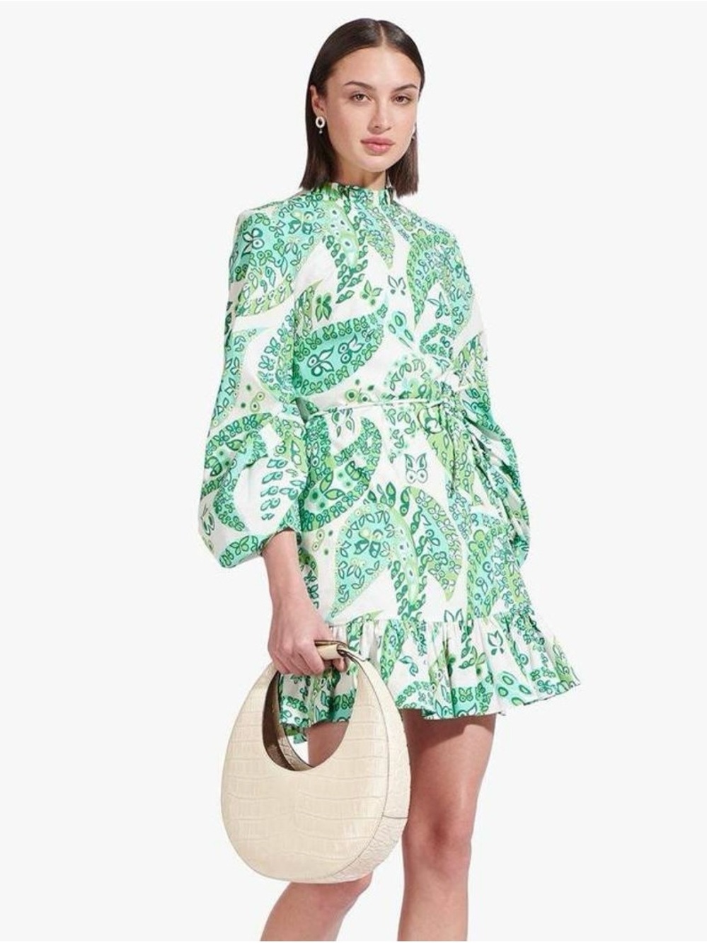 STAUD Carolina Green Paisley Mini Dress Size 4 Cotton High Neck Pockets EUC